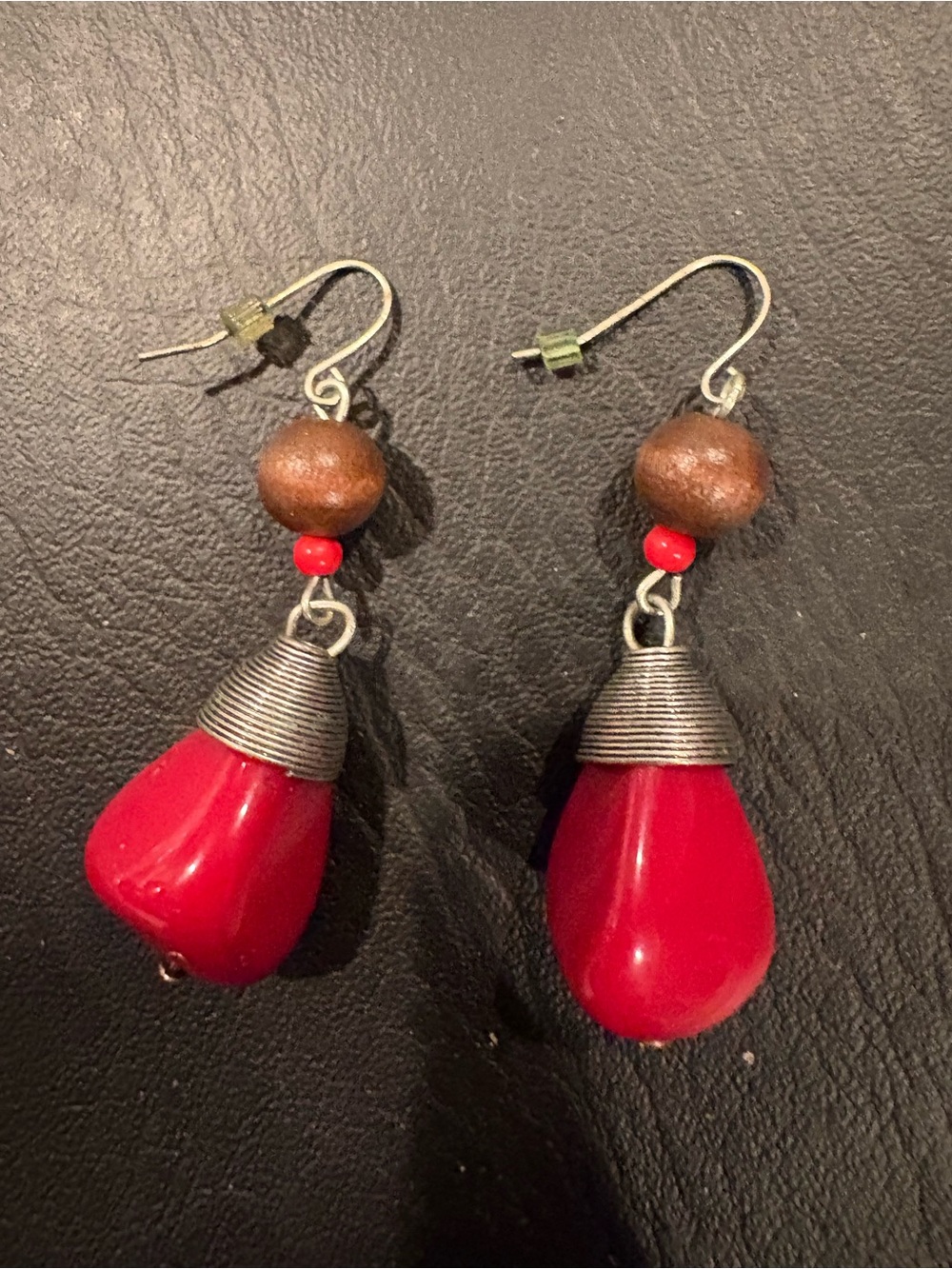 Handcrafted Red Teardrop Dangle Earrings with Wood Bead - Unbranded